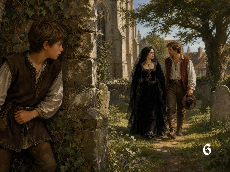 Teen boy hides behind ivy-covered stone wall eavesdropping on a couple walking through a sunlit medieval church graveyard