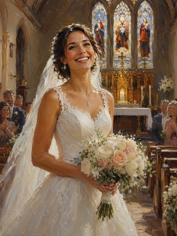Impressionist oil painting of a joyful smiling bride holding a rose bouquet walking down a sunlit church wedding aisle