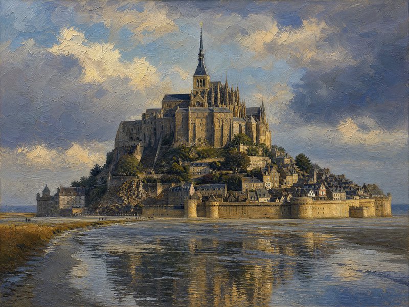 Textured oil painting of Mont Saint-Michel abbey perched on a tidal island, reflected in calm water under a dramatic