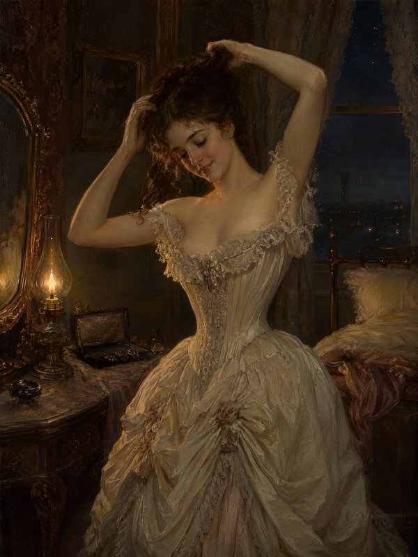 Oil painting of elegant Victorian woman styling her hair by lamplight in a dim vintage night bedroom