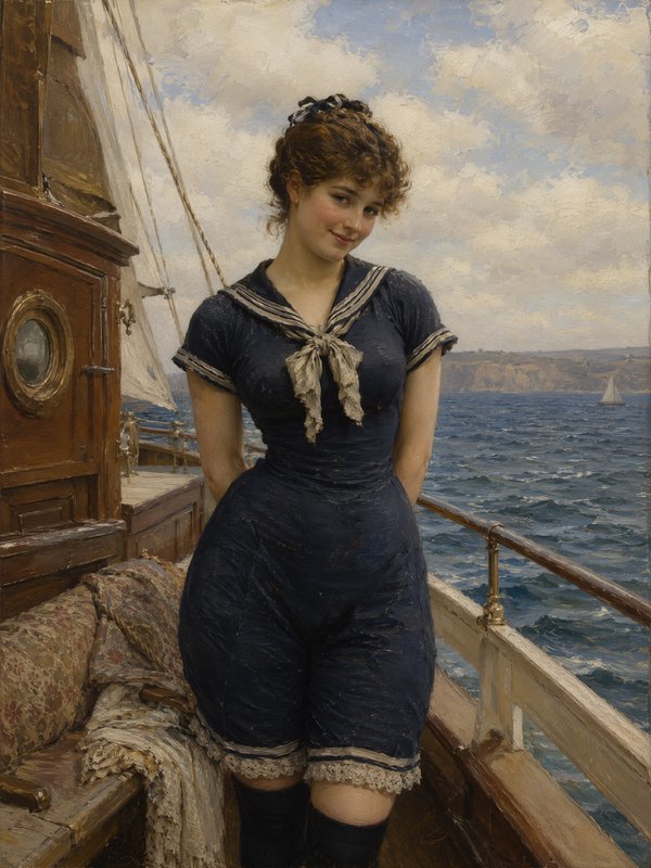 Realist oil painting of a smiling young woman in a vintage navy sailor swimsuit standing on a sailboat deck at sea