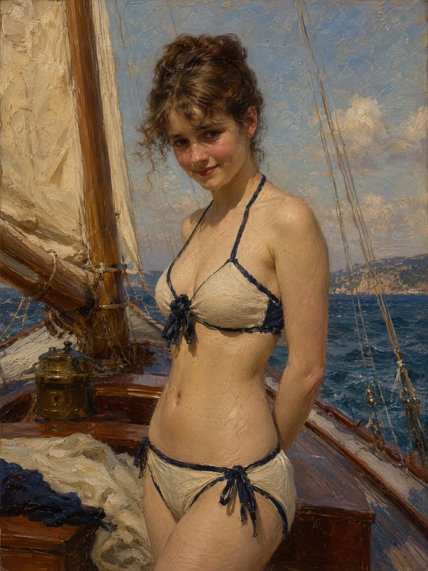 Impressionist oil painting of a young woman in a vintage bikini standing on the deck of a wooden sailboat at sea.