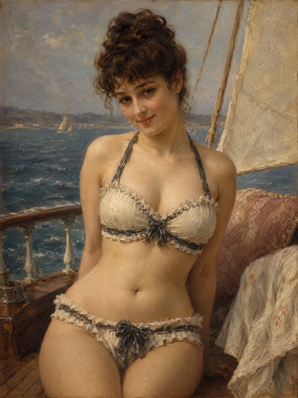 Oil painting of a young woman in a frilly lace bikini seated on a sailboat deck overlooking open ocean waters