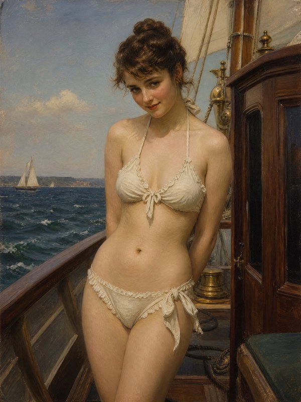 Realist oil painting of a young woman in a cream lace bikini standing on a sailing ship deck at sea.