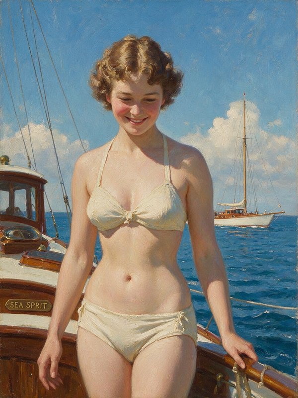 Oil portrait of smiling young woman in a cream bikini standing on a yacht deck on a bright sunny ocean day