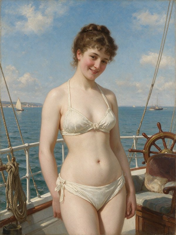 Oil painting of a smiling young woman in a white bikini standing on a sunlit sailboat deck overlooking a bright blue ocean