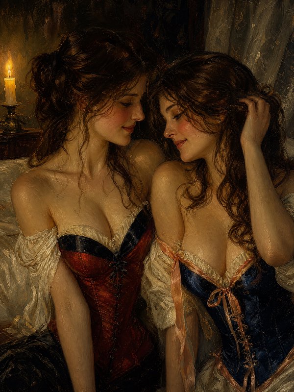 Classical oil painting of two tender young women in period corsets, gazing softly at each other beside warm candlelight.