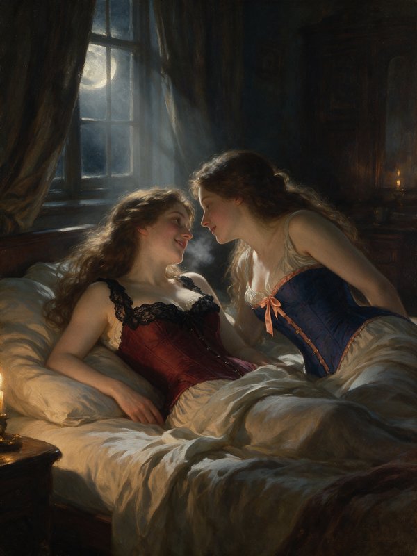 Tender intimate oil painting of two women sharing a quiet affectionate moment in a moonlit Victorian bedroom at night.