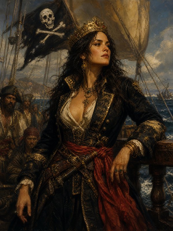 Dramatic oil painting of a crowned female pirate queen standing on her galleon deck, Jolly Roger flag flying behind her.