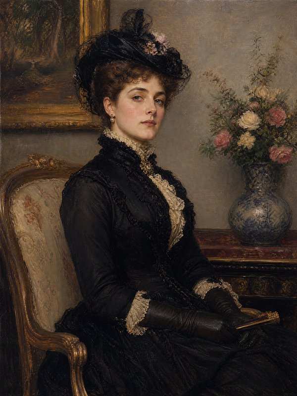 Oil portrait of an elegant Victorian woman seated in a gilded chair, wearing a black lace gown and decorated formal hat