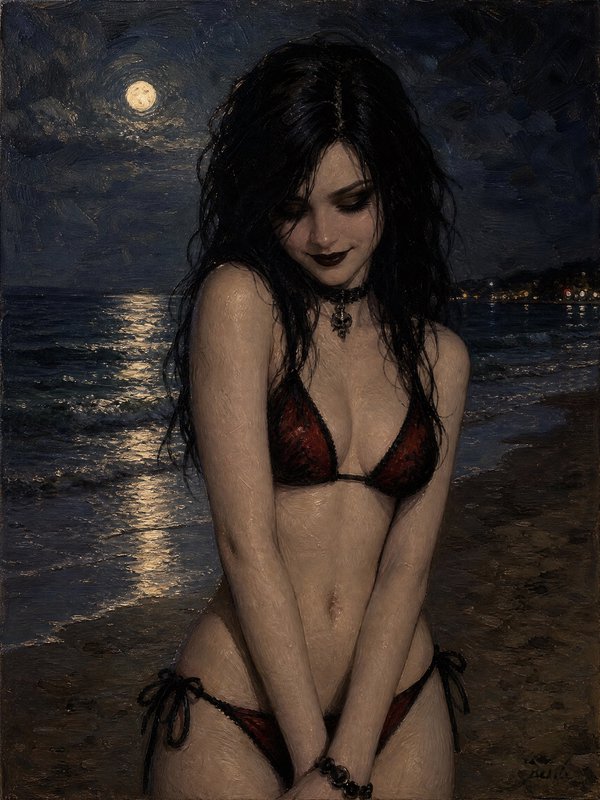 Impressionist oil painting of a goth woman in a red bikini standing on a moonlit sandy beach, full moon glowing over the