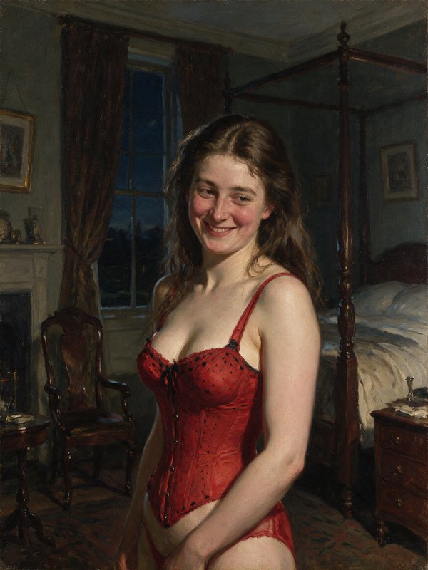 Realist oil portrait of smiling young woman in a red corset standing in a dim traditional night bedroom