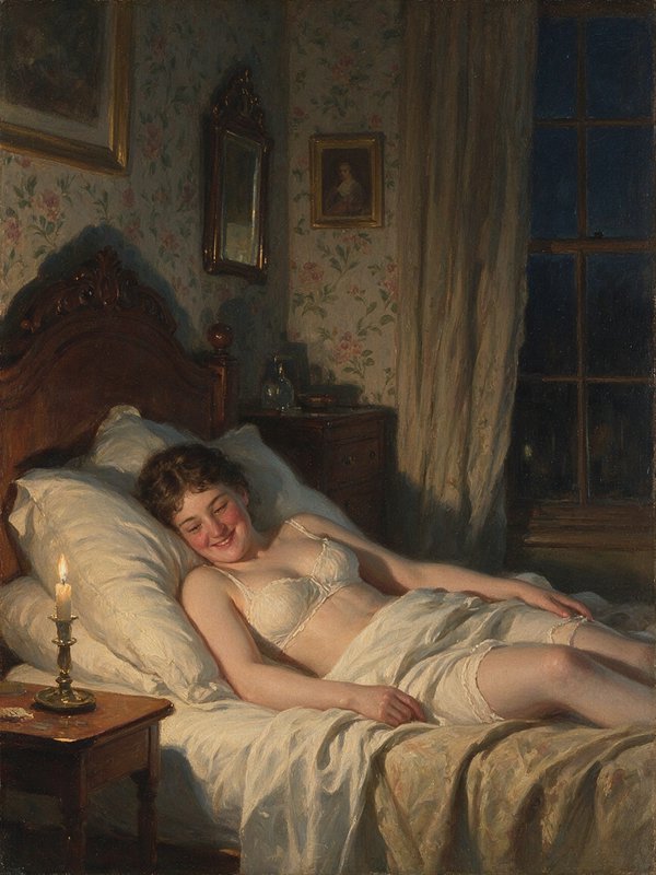 Realist oil painting of a smiling woman reclining in a candlelit Victorian bedroom at night.