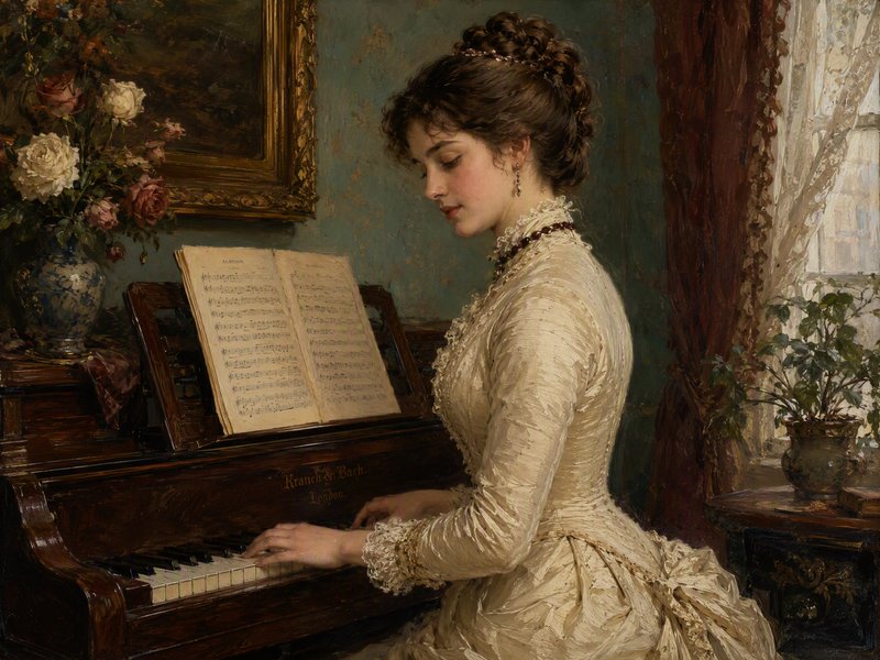 Elegant Victorian woman in a lace gown playing a wooden grand piano, vintage oil painting of a domestic music scene.