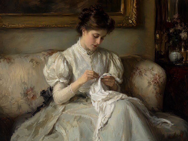 Oil portrait of an Edwardian woman in a white dress seated on a floral couch, intently doing delicate hand sewing