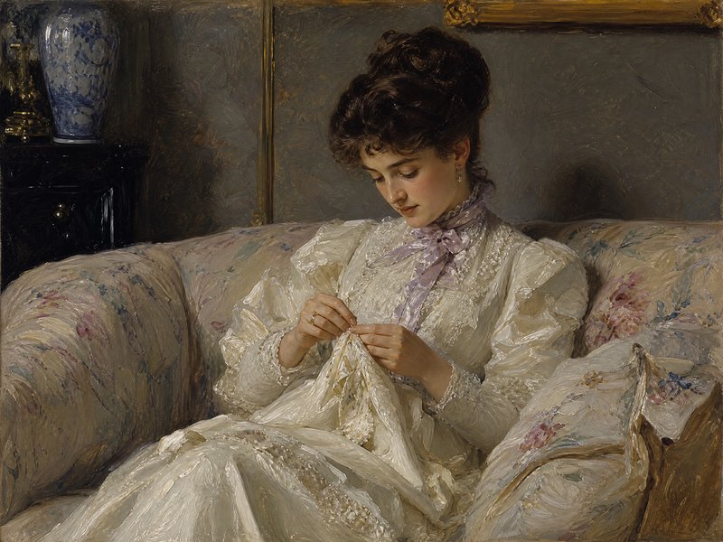 Oil portrait of an elegant Edwardian woman seated on a floral sofa, focused on delicate hand sewing needlework