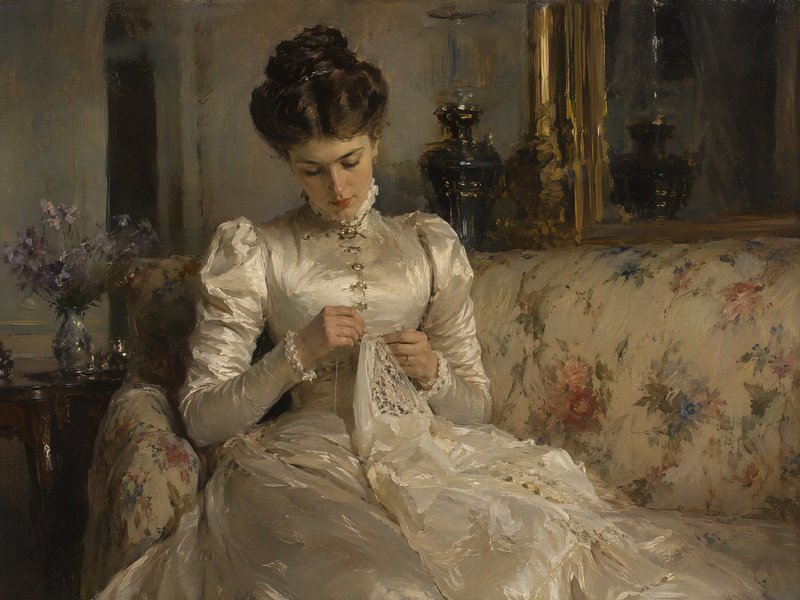 Impressionist oil portrait of an elegant Victorian woman sewing lace while seated on a floral upholstered sofa