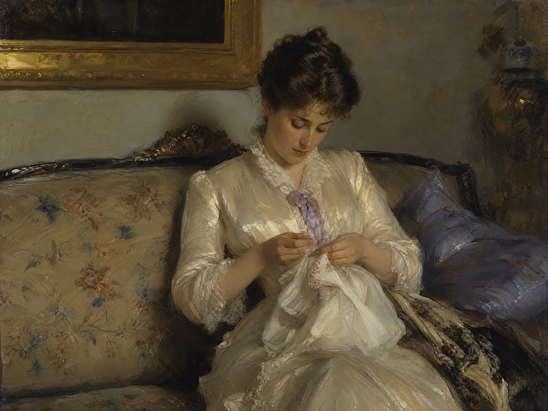 Oil portrait of an elegant Victorian woman seated on a sofa, focused on hand stitching delicate fabric