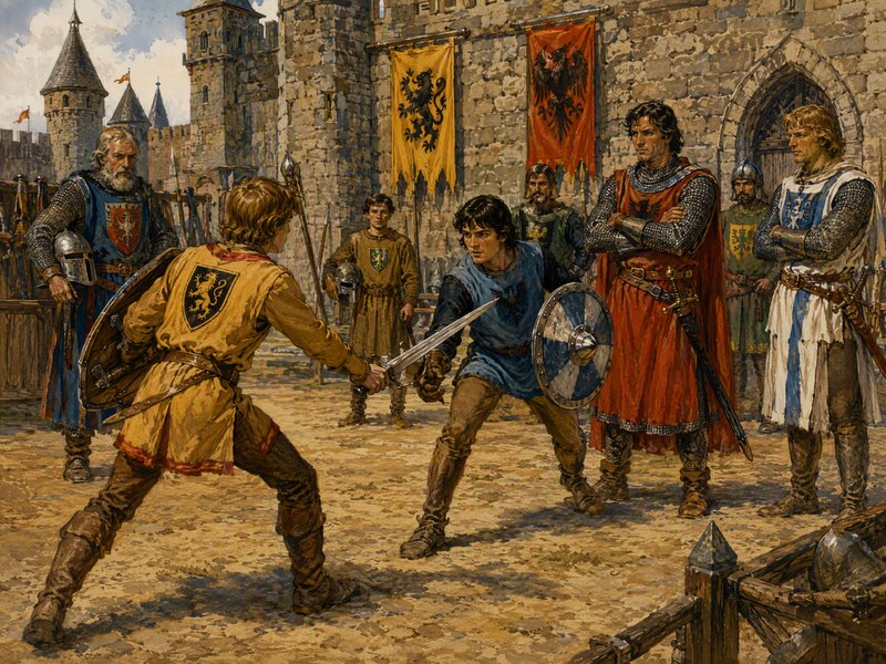 Two young medieval squires spar with swords and shields in a stone castle courtyard as armored knight onlookers observe.