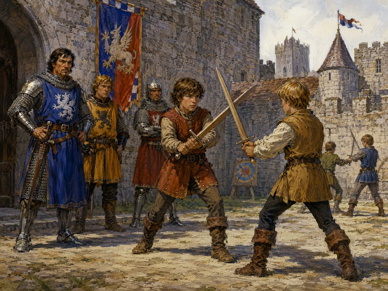 Two young squires practice sword fighting as armored knights observe in a medieval stone castle courtyard, fantasy