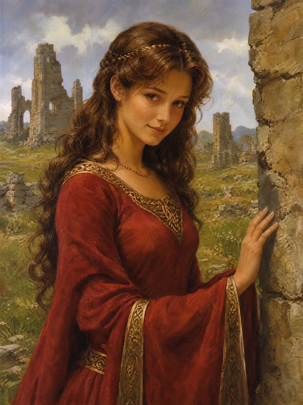 Portrait of a graceful medieval woman in a gold-trimmed red gown standing beside ancient stone castle ruins