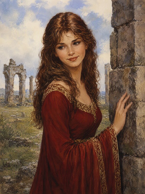 Oil portrait of a gentle medieval woman in a gold-trimmed red gown, standing by ancient stone ruins under a partly