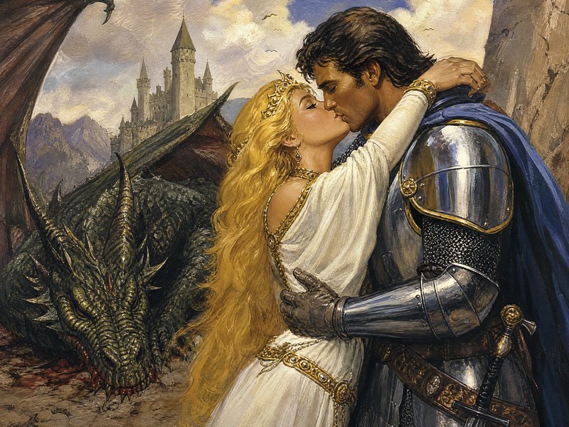 Fantasy painting of armored knight kissing golden-haired princess beside a slain green dragon, with a medieval castle in