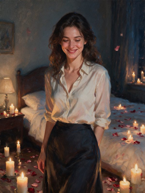 Impressionist oil painting of a smiling young woman in a candlelit bedroom scattered with rose petals