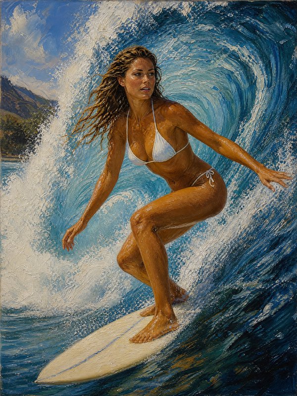 Textured impasto oil painting of a woman surfer in a white bikini riding a curling blue ocean wave