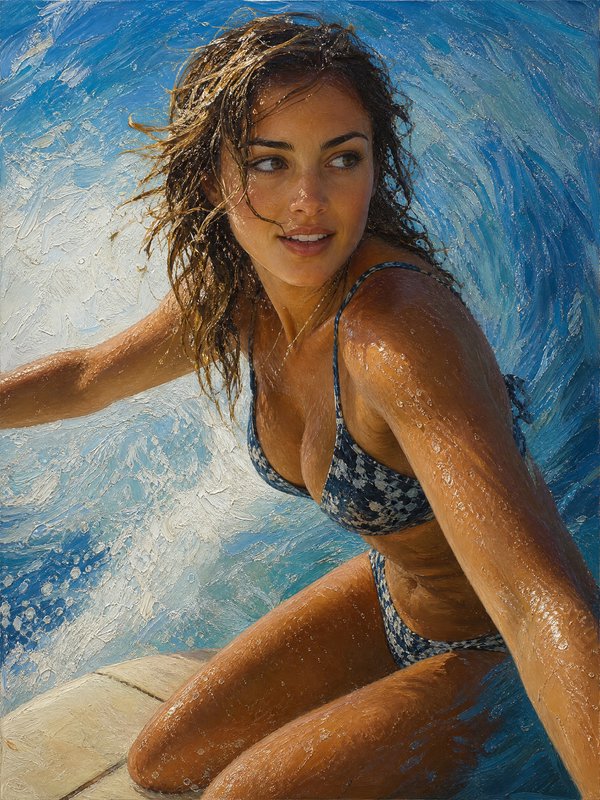 Impressionist impasto oil painting of a wet young woman in a bikini kneeling on a surfboard amid bright blue ocean waves