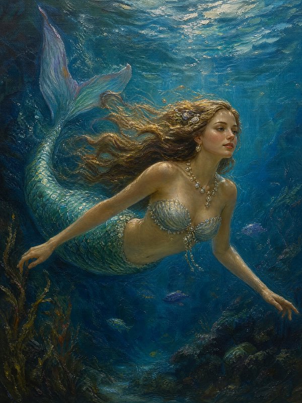 Impressionist oil painting of a graceful blonde mermaid swimming in a sunlit turquoise underwater seascape.