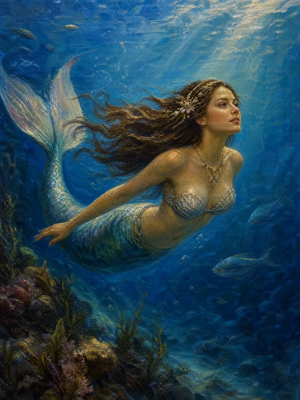 [Textured oil painting of a graceful mermaid swimming upward through sunlit blue ocean above a coral reef with small surro...