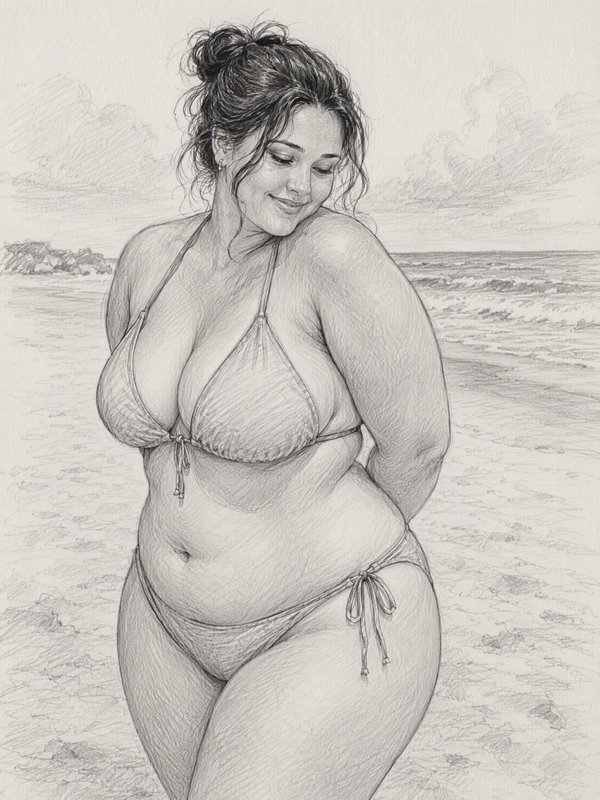 Graphite pencil sketch of a smiling plus-size woman in a bikini standing on a sandy beach shoreline