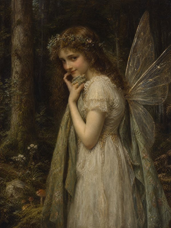 Victorian oil painting of a shy forest fairy with translucent gossamer wings and flower crown standing in an ancient woodl...