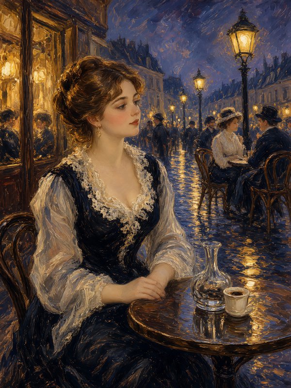 Impressionist oil painting of elegant Edwardian woman seated at a glowing Paris sidewalk cafe on a rainy evening.