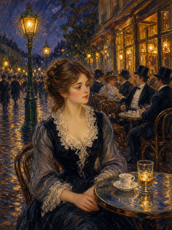 Impressionist painting of elegant Victorian woman seated at a lamp-lit Parisian sidewalk cafe on a rainy evening