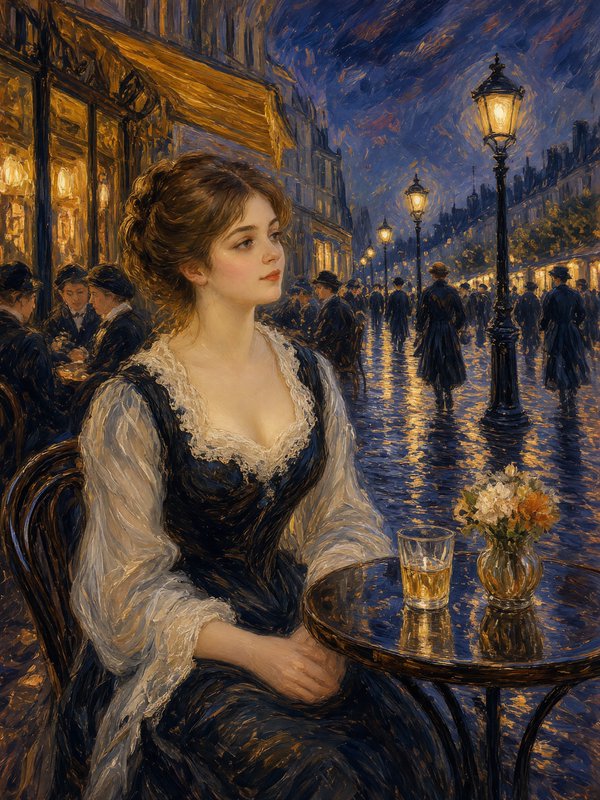 Impressionist oil painting of an Edwardian woman seated at a Parisian sidewalk cafe on a rainy lit evening