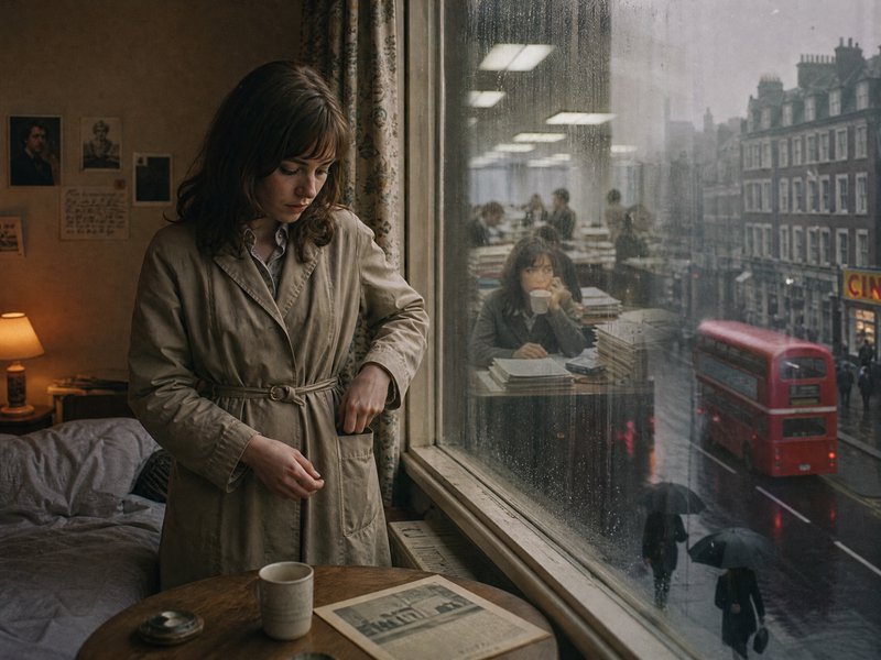 [Pensive woman in a beige trench coat stands by a rain-streaked window overlooking a rainy London street with a red double...
