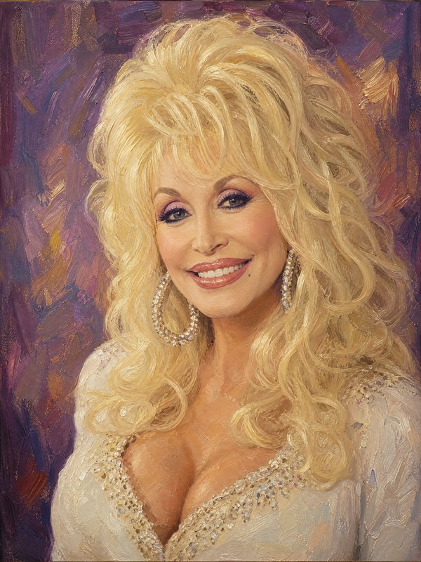 [Impasto oil portrait of Dolly Parton smiling, featuring her signature voluminous curly blonde hair and large rhinestone h...