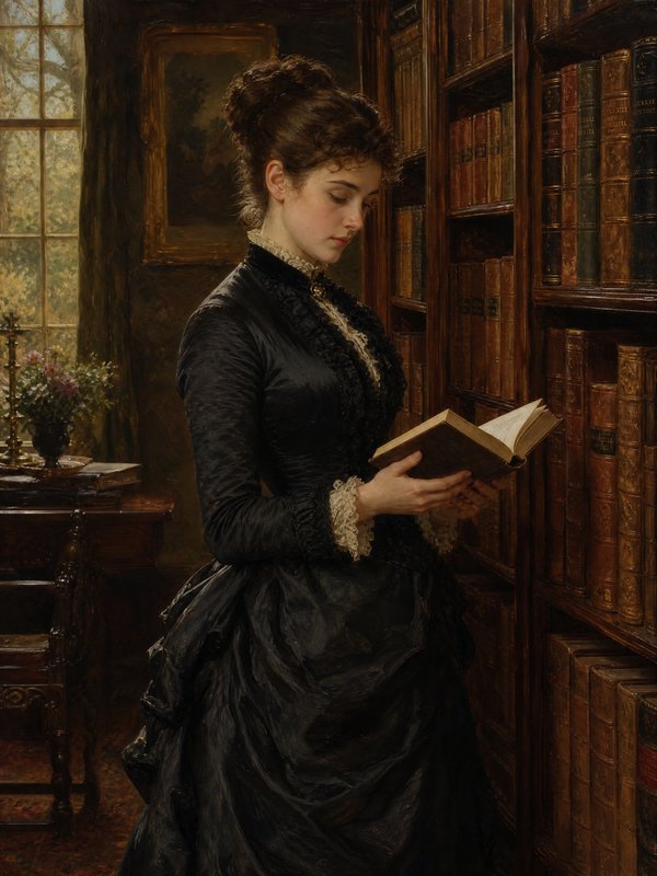 Victorian woman in a black lace gown reads an open book while standing in a sunlit vintage home library, oil painting