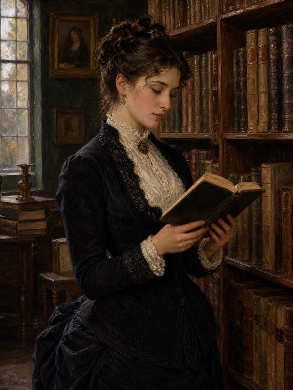 [Realist oil painting of a Victorian woman in a lace-trimmed black dress reading a book beside a wooden bookshelf of antiq...