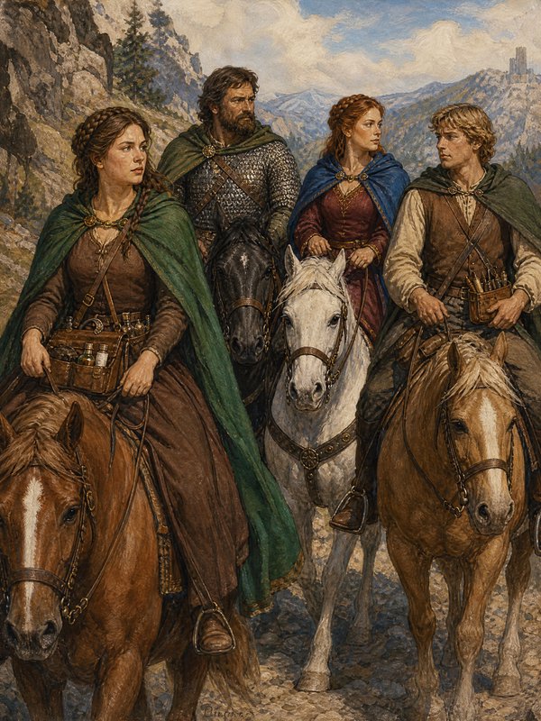[Four medieval fantasy adventurers ride horses along a rocky mountain path, distant castle visible in a detailed oil paint...