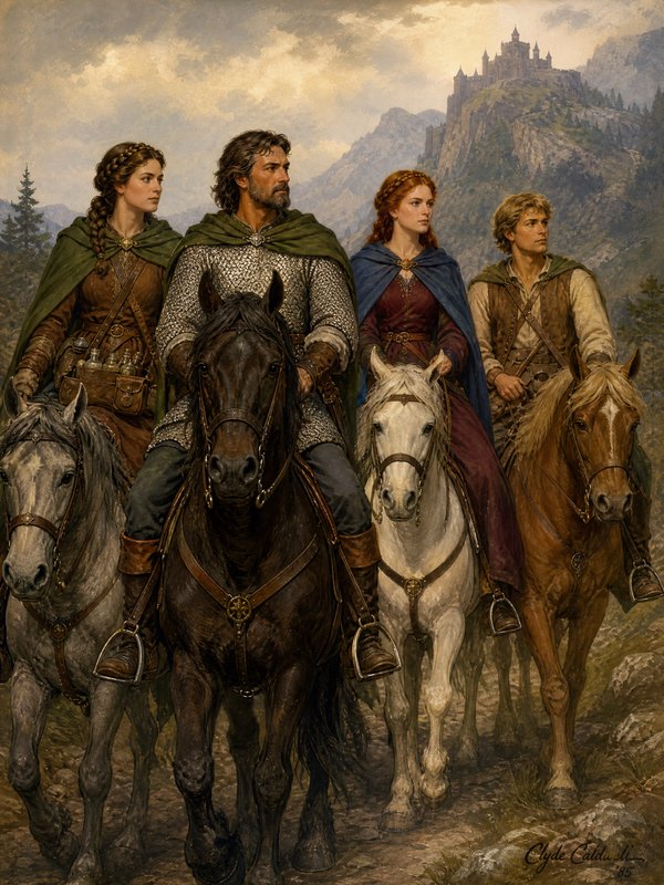 Four medieval fantasy travelers ride horseback along a mountain trail, with a cliffside castle in the distant background.