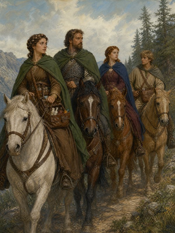 [Classical oil painting of four medieval fantasy adventurers riding horses along a mountain forest trail]