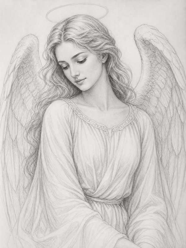 [Delicate pencil sketch of a serene female angel with wings, halo, and flowing gown looking softly downward.]