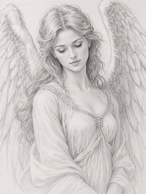 Realistic pencil sketch of a serene female angel with feathered wings, gazing softly downward.