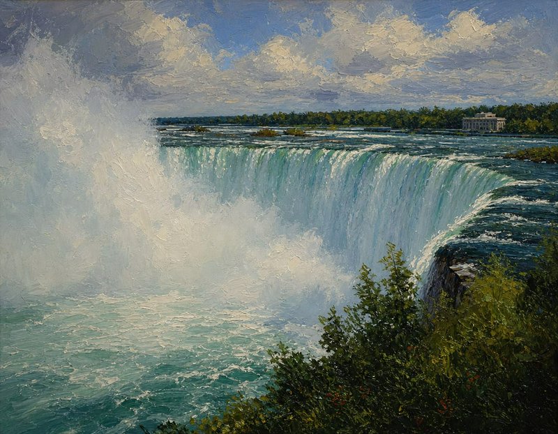 [Textured impasto oil painting of Horseshoe Niagara Falls, cascading turquoise water, mist, bright sky and foreground gree...