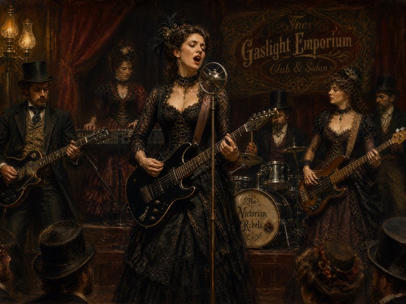 Victorian steampunk rock band performs onstage at the Gaslight Emporium, lead singer plays electr...