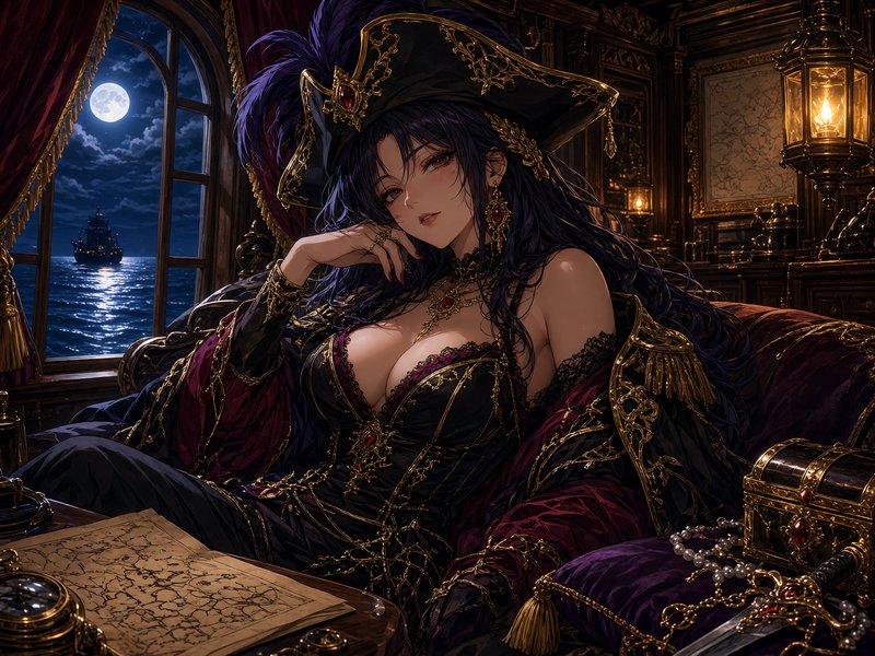 Regal anime female pirate reclines in ornate ship cabin, full moon and distant galleon visible th...
