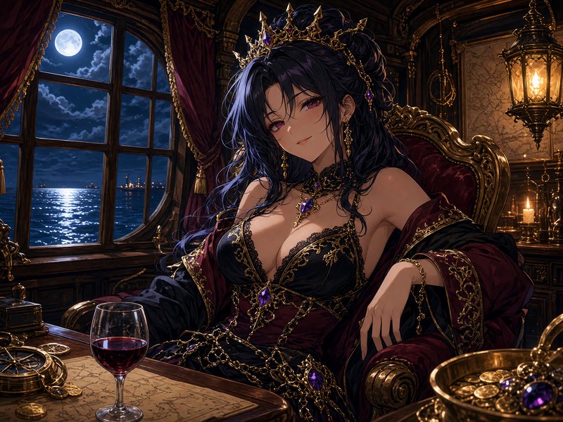 Anime pirate queen with jeweled crown lounges in gilded ship cabin, overlooking moonlit ocean at midnight, surrounded by t...
